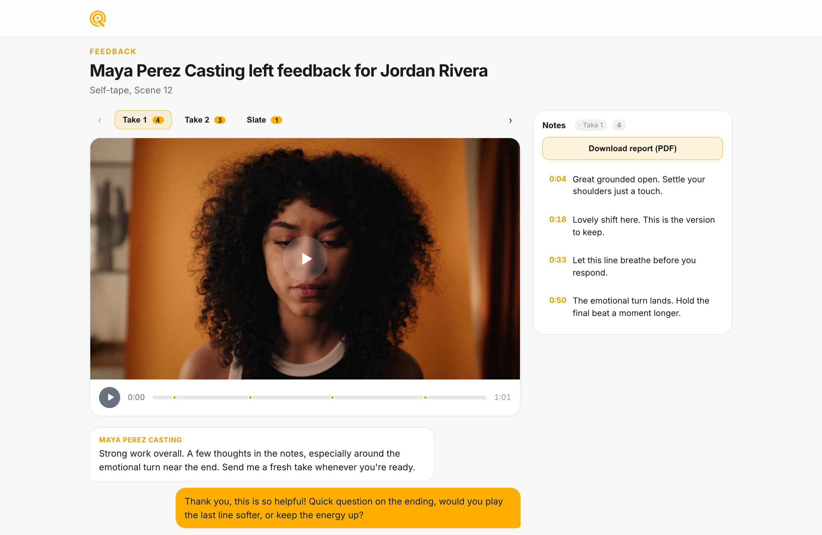 The Rafy Casting feedback page with timestamped notes